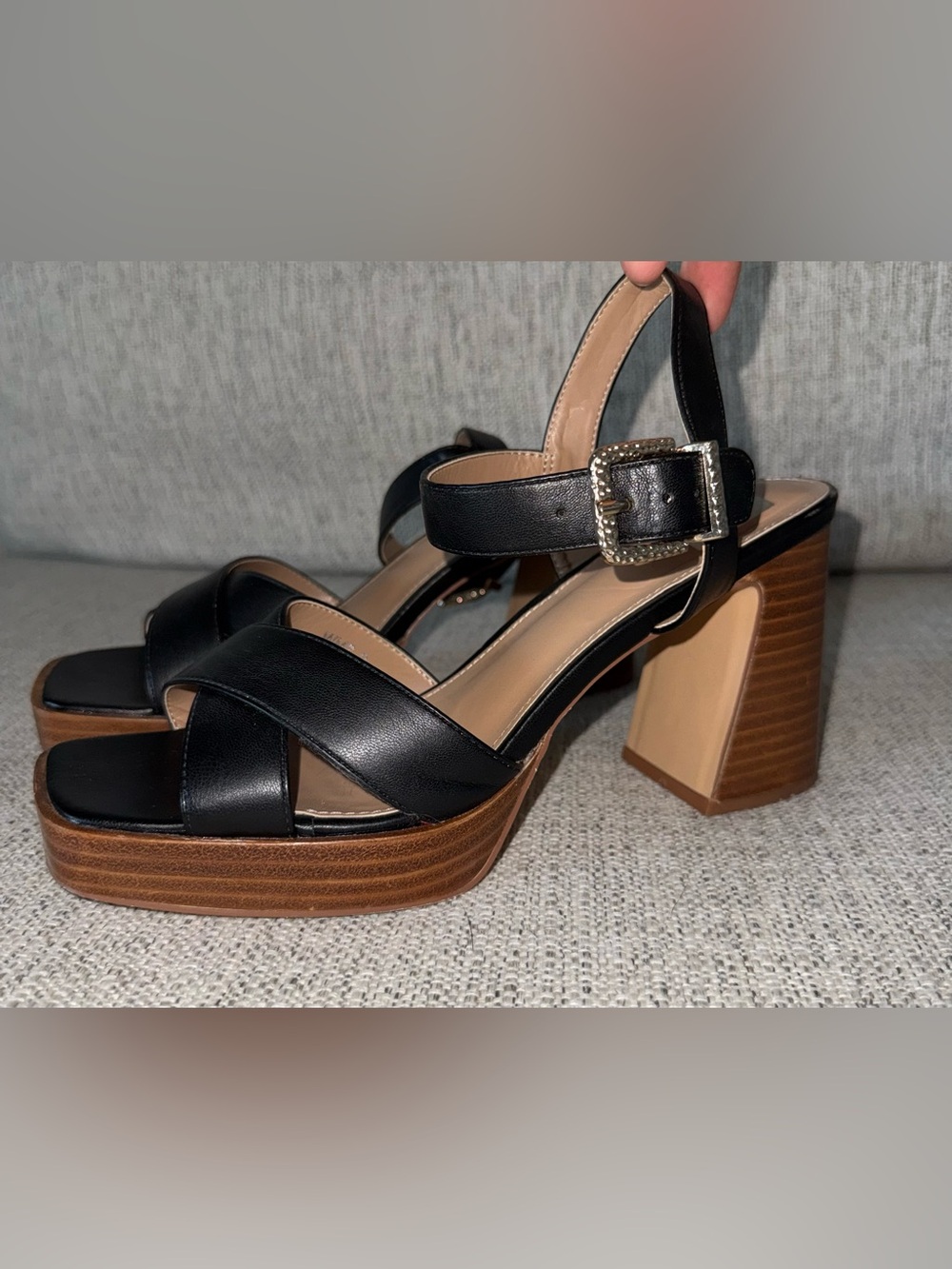 DV by Dolce Vita Black Leather Platform Sandals with Wood-Effect Block Heel